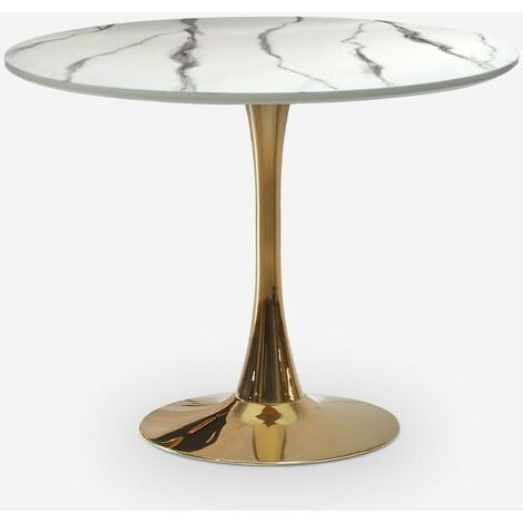 AHD AMAZING HOME DESIGN Table Tulipan effet marbre rond 80cm doré bar cuisine Callas