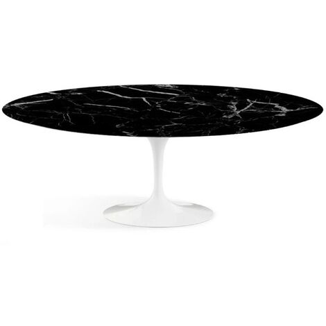 Table tulipe ovale marbre noir pied blanc brillant 180 cm