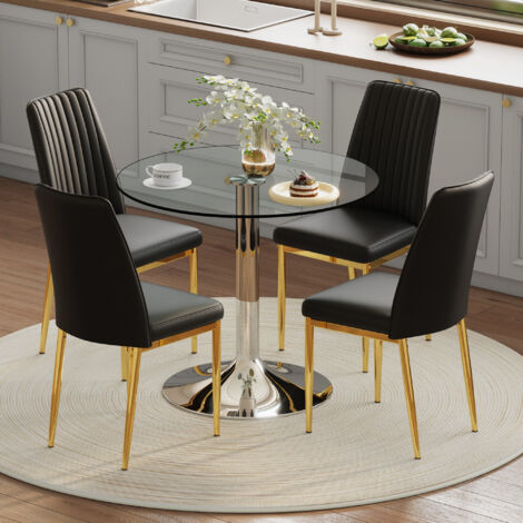Table verre 85cm avec 4 chaises simili cuir haut de gamme noires,ensemble contemporain pour salon,salle à manger et cuisine.