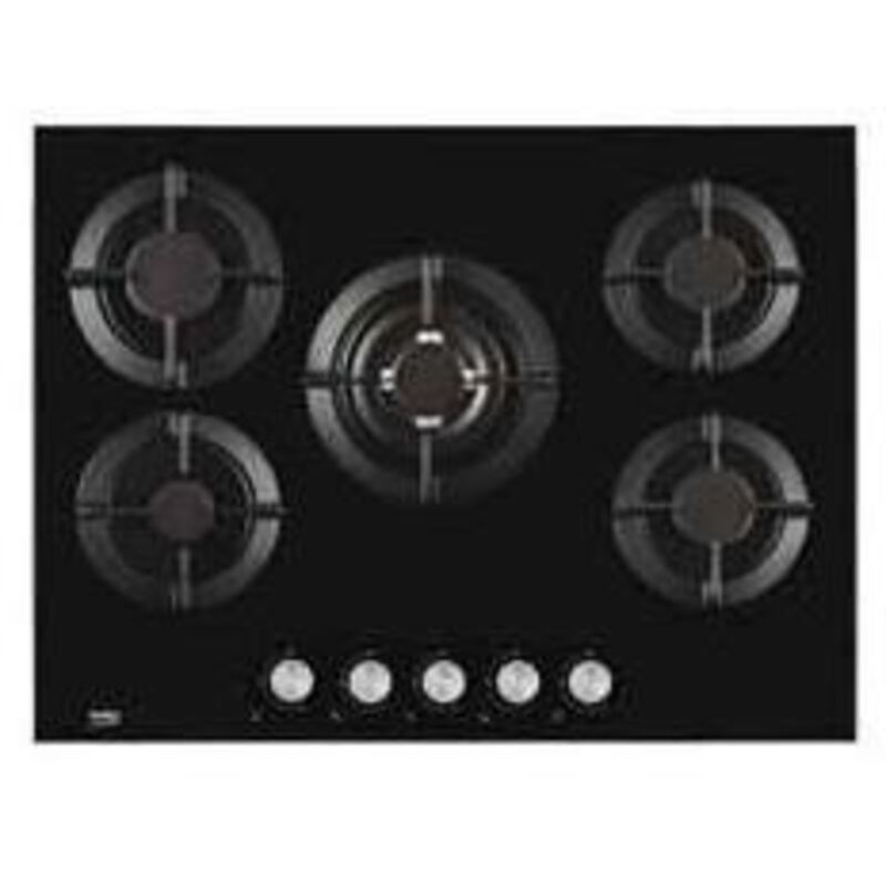 Beko – Plaque de cuisson gaz 5 brûleurs 10700W – Finition verre noir 680mm – Brûleur wok haute efficacité 5000W – Installation encastrée - hilw75222s