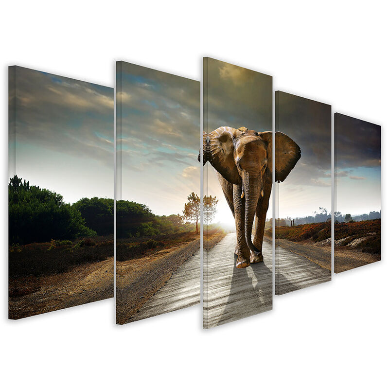 Tableau 5 panneaux elephant on the road, 150x80cm - Marron