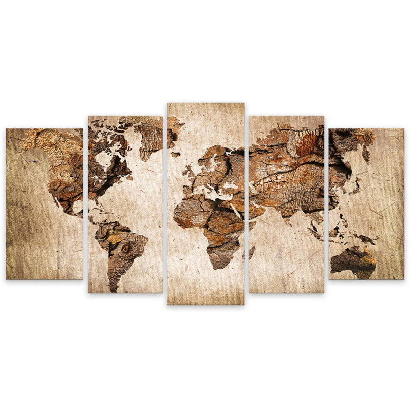 Tableau 5 parties carte du monde couleur bois - 150x80 cm