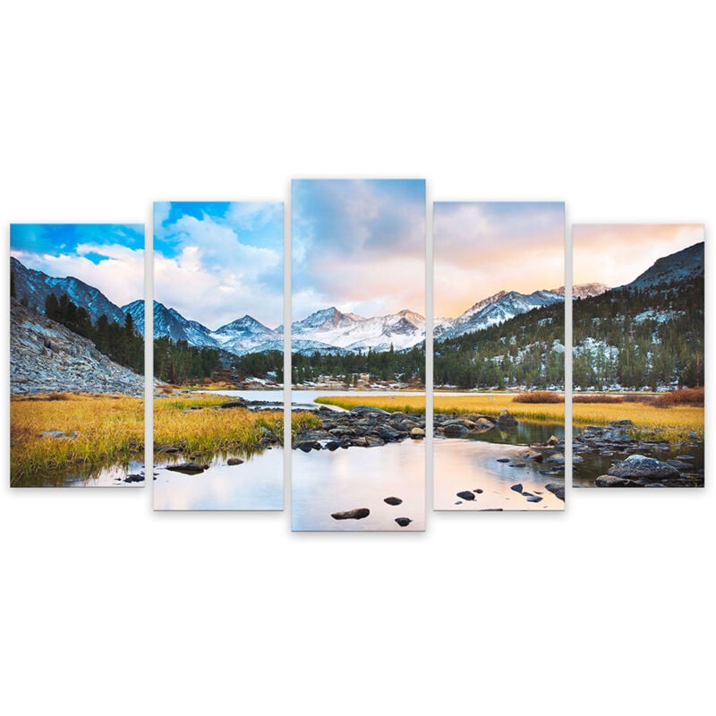 Hxadeco - Tableau 5 parties paysage lac et montagne sous la neige - 150x80 cm