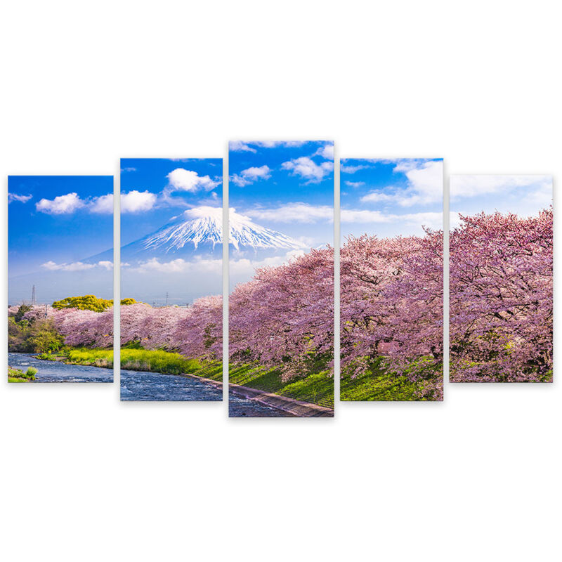Hxadeco - Tableau 5 parties paysage mont fuji et cerisiers en fleurs - 150x80 cm