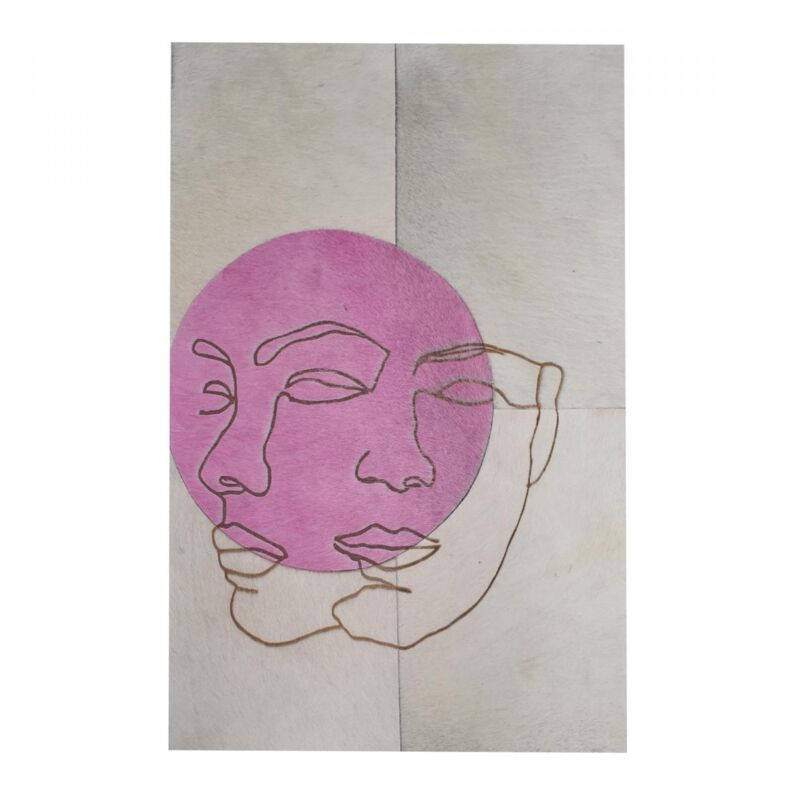 Tableau fait à la main en peau de vache moonfaces 51x76 gris et rose