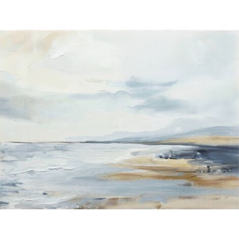 Tableau abstrait bleu blanc ocre sur toile avec effet huile - Bleu ciel et sable clair