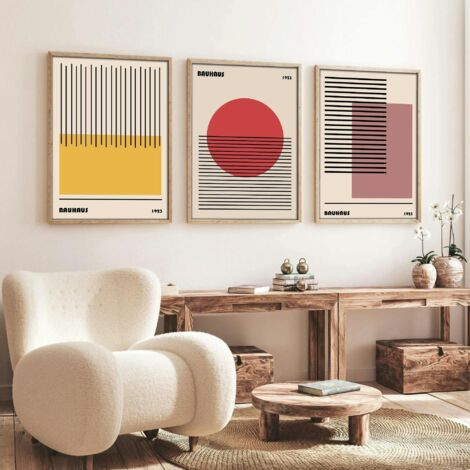 Tableau abstrait – style Bauhaus, cadre bois (lot de 3)