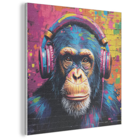 TABLEAU ACOUSTIQUE Graffiti - Chimpanzé - Street art - Casque audio - Singe Anti-Bruit 90x90 cm
