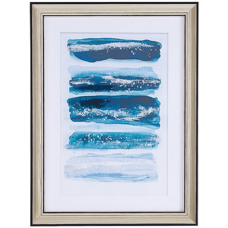 Tableau Affiche Déco Bleue Art Abstrait à Effet Aquarelle avec Cadre couleur Laiton Assorti 30 x 40 cm Idéal pour Salon Moderne et Glamour Beliani - Bleu