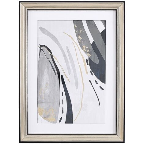 Tableau Affiche Déco Grise et Doré Art Abstrait à Effet Aquarelle avec Cadre couleur Laiton 30 x 40 cm Parfait pour Salon Moderne et Glamour Beliani