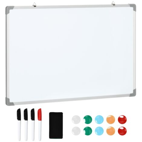 Tableau blanc magnétique, ardoise à notes, kit complet avec 4 marqueurs, 1 éponge et 10 aimants, blanc + argent.