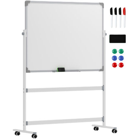 Tableau blanc magnétique double face effacable rotatif mobile avec support. aimants. marqueurs. gomme et roulettes