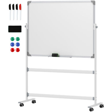 Tableau blanc magnétique double face rotatif mobile avec support, marqueurs, gomme et roulettes