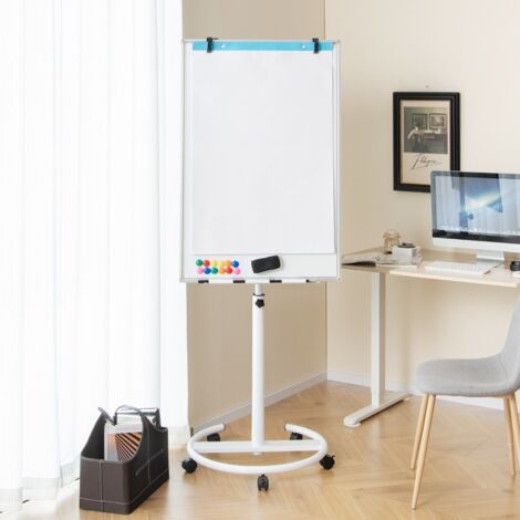 Tableau Blanc Magnétique Mobile 100x65cm Tableau Effaçable à Sec Roulant Hauteur Réglable Support Rond Stable Blanc
