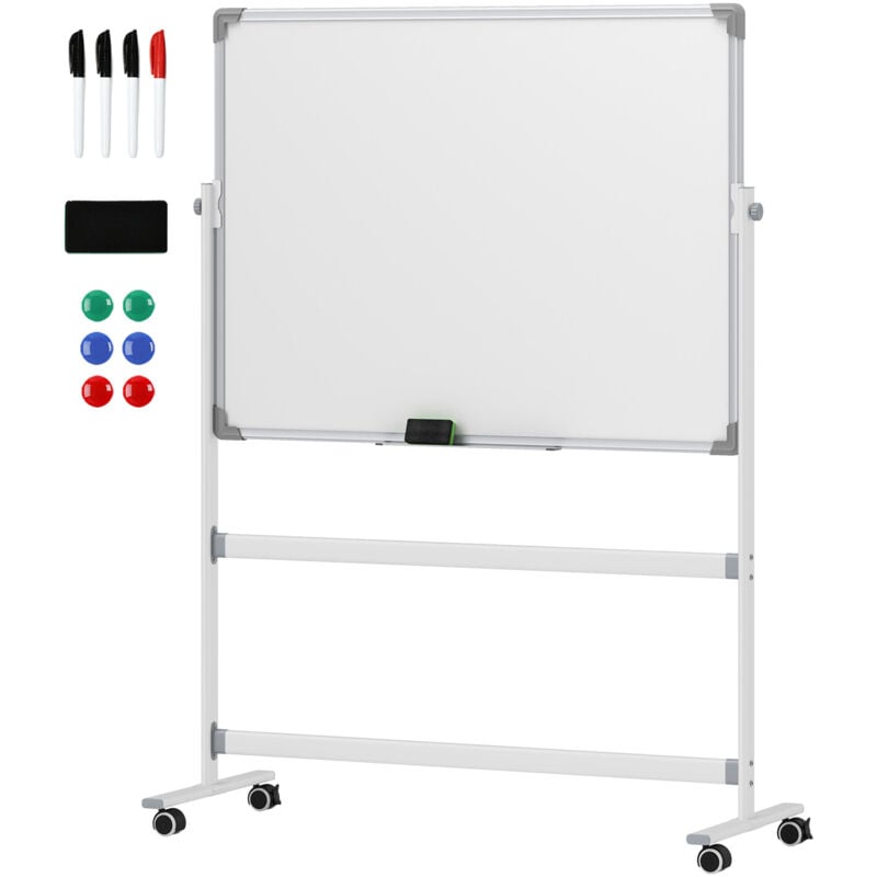 Homcom - Tableau blanc magnétique sur roulettes double face - tableau rotatif avec étagère - nombreux accessoires inclus