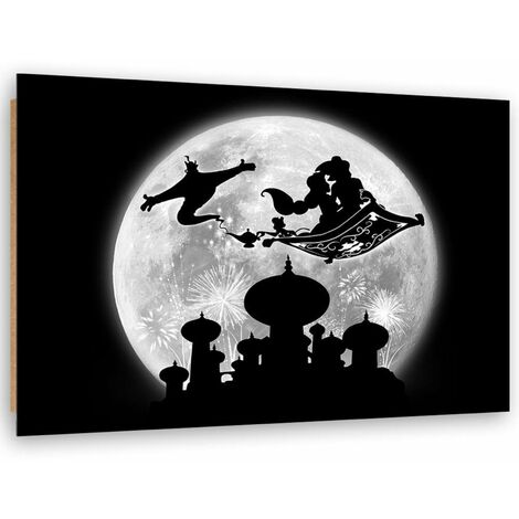 Tableau bois Aladin silhouettes sur fond de Lune