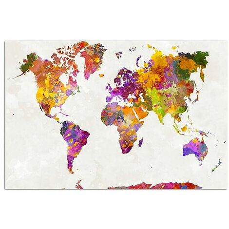 Tableau bois carte du monde avec des taches de couleur - 50 x 40 cm