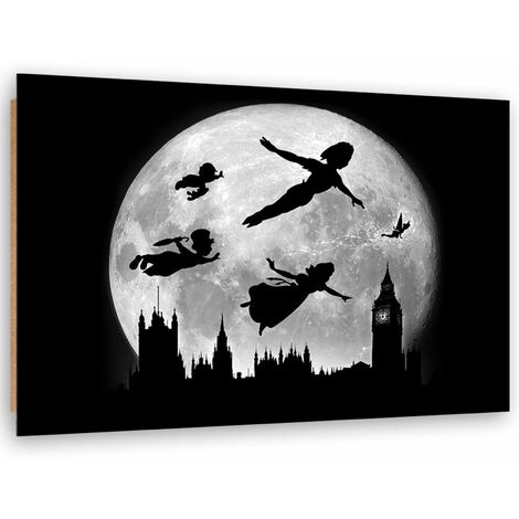 Tableau bois Peter Pan silhouettes sur fond de Lune