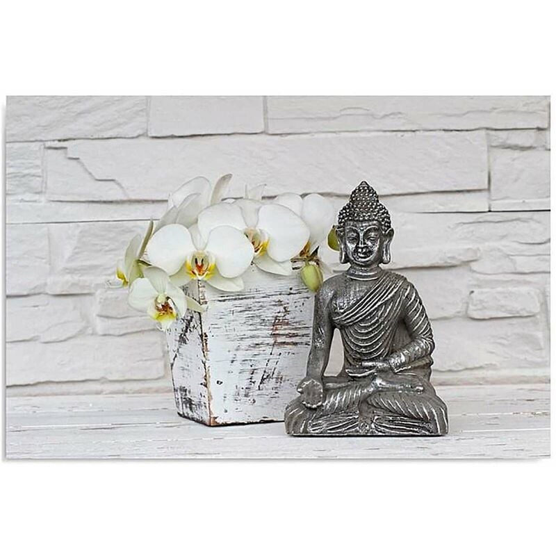 Feeby - Tableau bouddha et orchidée - 80 x 60 cm - Gris