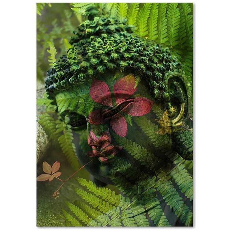 Feeby - Tableau bouddha fougères - 80 x 120 cm - Vert