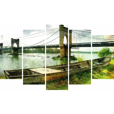 Tableau Bridge - Decoration murale, ville - 5 pieces - pour Salon, Chambre - en Bois de Pin, Polyester, 100 x 3 x 60 cm