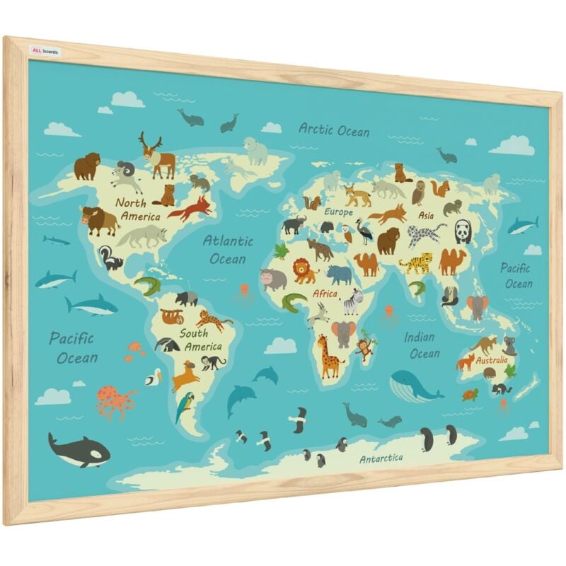 Tableau carte du monde pour enfants 60x40cm avec cadre en bois naturel