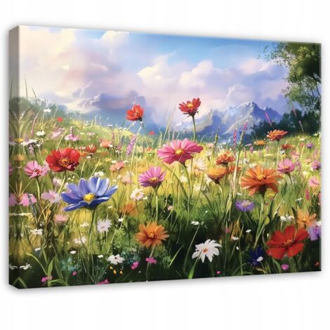 tableau champ de fleurs prairie 3d pour chambre salon cuisine sur toile 120x80