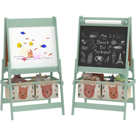 Tableau chevalet enfant double face ardoise craie rouleau papier blanc, 2 paniers rangement, 54x46,5x93 cm vert, idéal dessin créativité apprentissage ludique.