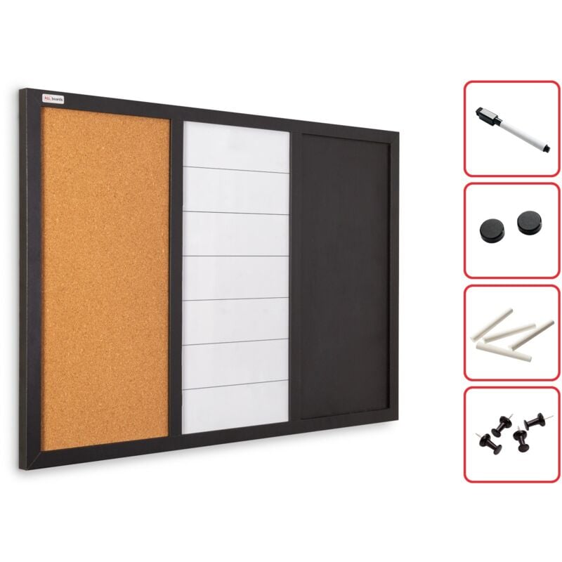 Tableau combi 3 en 1 : Blanc magnétique, noir à craie et surface en liége - 60x40 cm