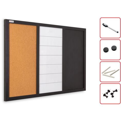 Tableau COMBI 3 en 1 : Blanc magnétique, noir à craie et surface en liége - 60x40 cm