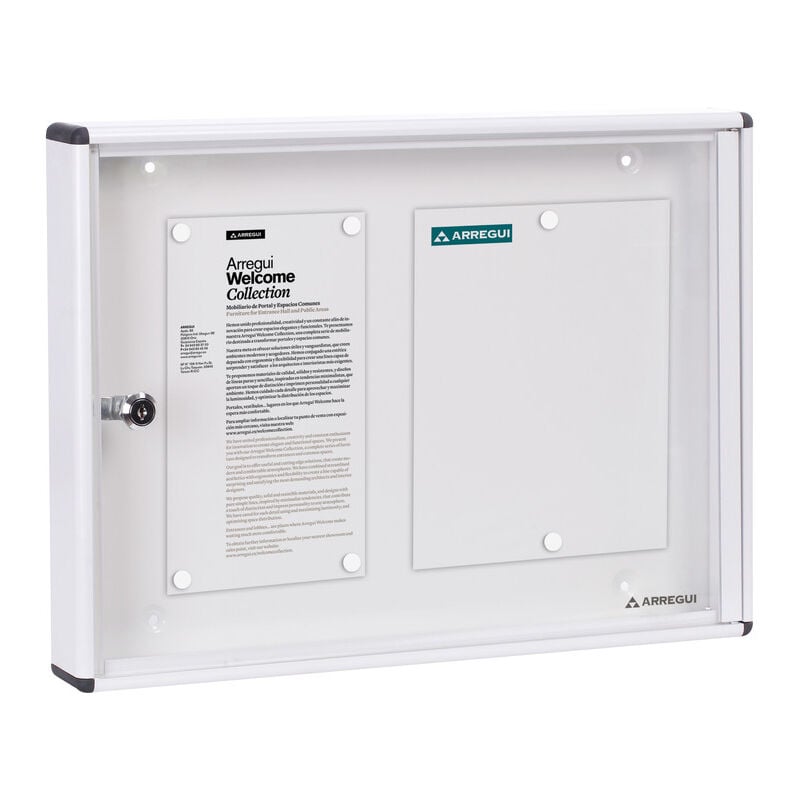 Arregui - PAN41 Panneau d'affichage en aluminuim, vitrine d'affichage avec serrure à clé, fond aimanté, 8 aimants, 35 x 48 x 5 cm, format 2 x A4 Blanc