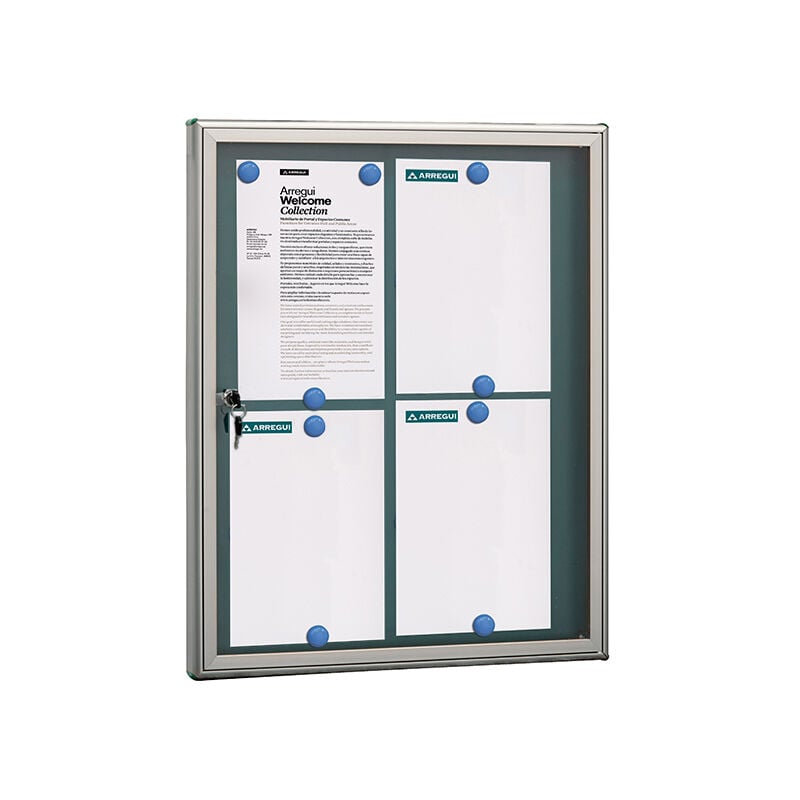 Arregui - PAN72 Panneau d'affichage en aluminuim, vitrine d'affichage avec serrure à clé, fond aimanté, 8 aimants, 69 x 55 x 5 cm, format 4 x A4