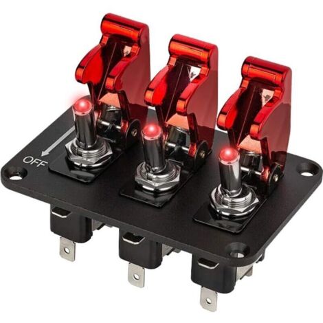 Tableau de commande à bascule 12 V 20 A pour voiture – 3 interrupteurs LED rouges avec couvercle d’urgence