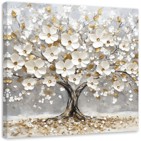 Tableau déco Arbre de vie avec fleurs blanches dorées 50x50