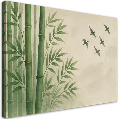 Tableau déco Bambou Feuilles Oiseaux Zen 90x60