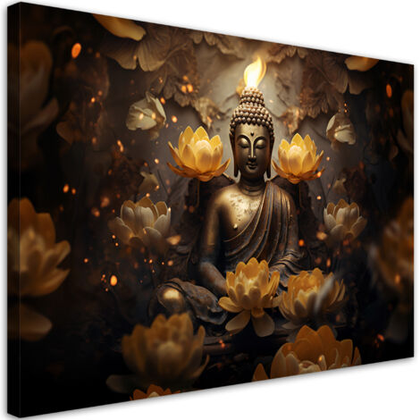 Tableau déco Bouddha doré et fleurs de lotus 100x70
