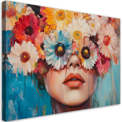Tableau déco Femme avec des fleurs colorées sur la tête 60x40