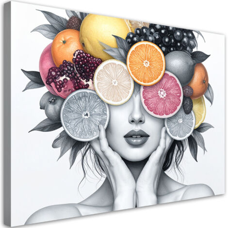 Tableau déco Femme avec des fruits sur la tête 100x70