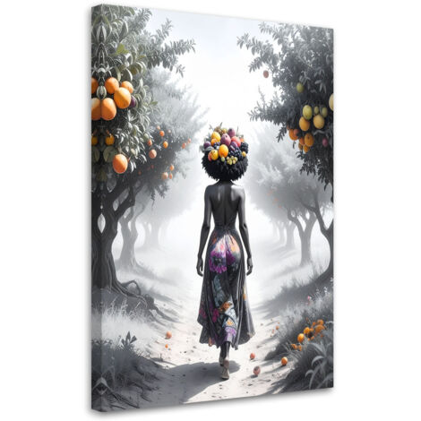 Tableau déco Femme avec des fruits sur la tête 70x100