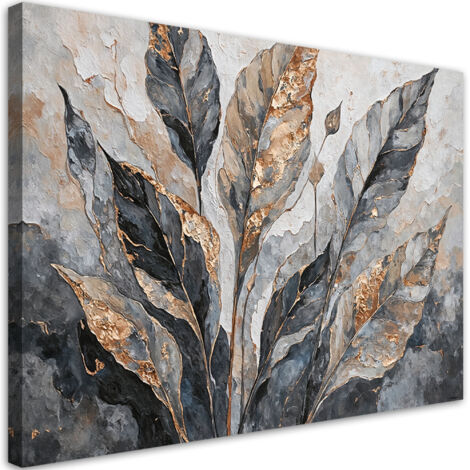 Tableau déco Feuilles abstraites Gris Or 100x70