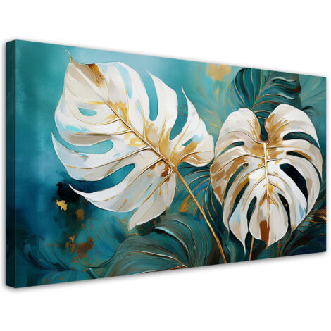 Tableau déco Feuilles blanches de monstera turquoise 100x50