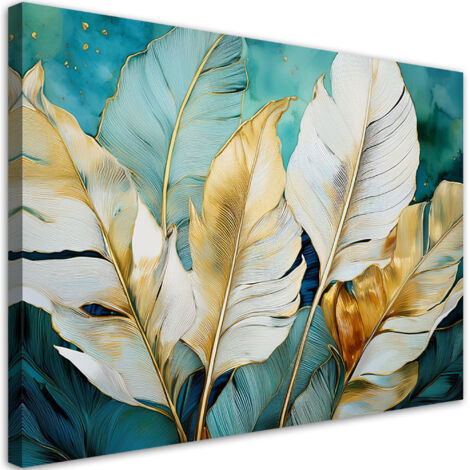 Tableau déco Feuilles de bananier blanches et dorées Turquoise 60x40
