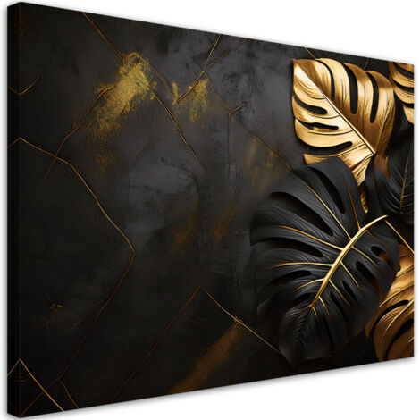 Tableau déco feuilles de monstera or et noir sur fond abstrait 90x60