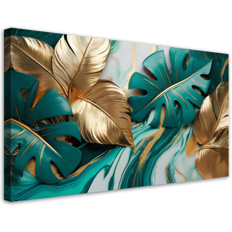 Tableau déco Feuilles de monstera Or Marbre Turquoise 80x40