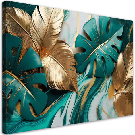 Tableau déco Feuilles de monstera Or Marbre Turquoise 90x60