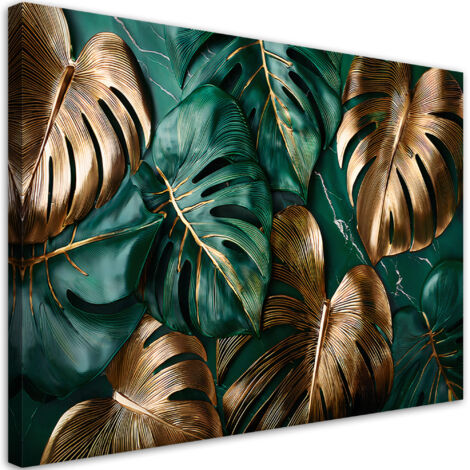 Tableau déco Feuilles de monstera vertes et dorées 60x40