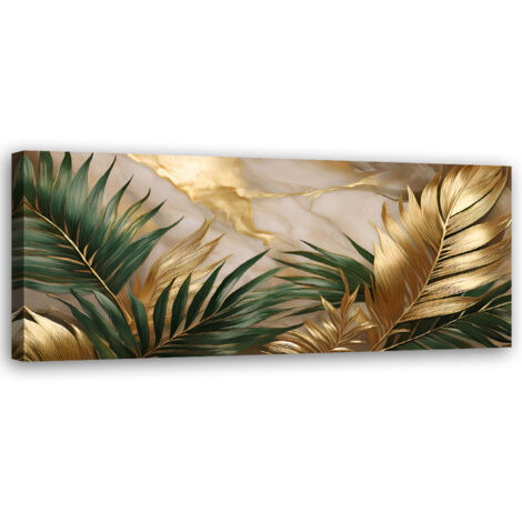 Tableau déco Feuilles de palmier sur fond de marbre doré 90x30
