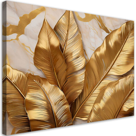 Tableau déco feuilles d'or sur fond de marbre abstrait 100x70