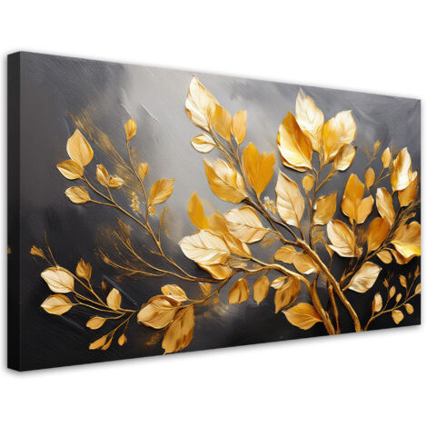 Tableau déco Feuilles dorées sur fond gris 100x50