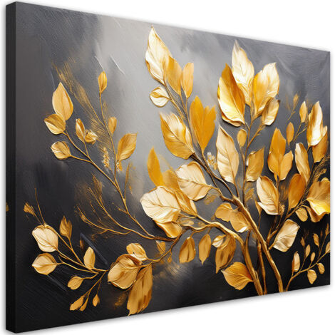 Tableau déco Feuilles dorées sur fond gris 60x40